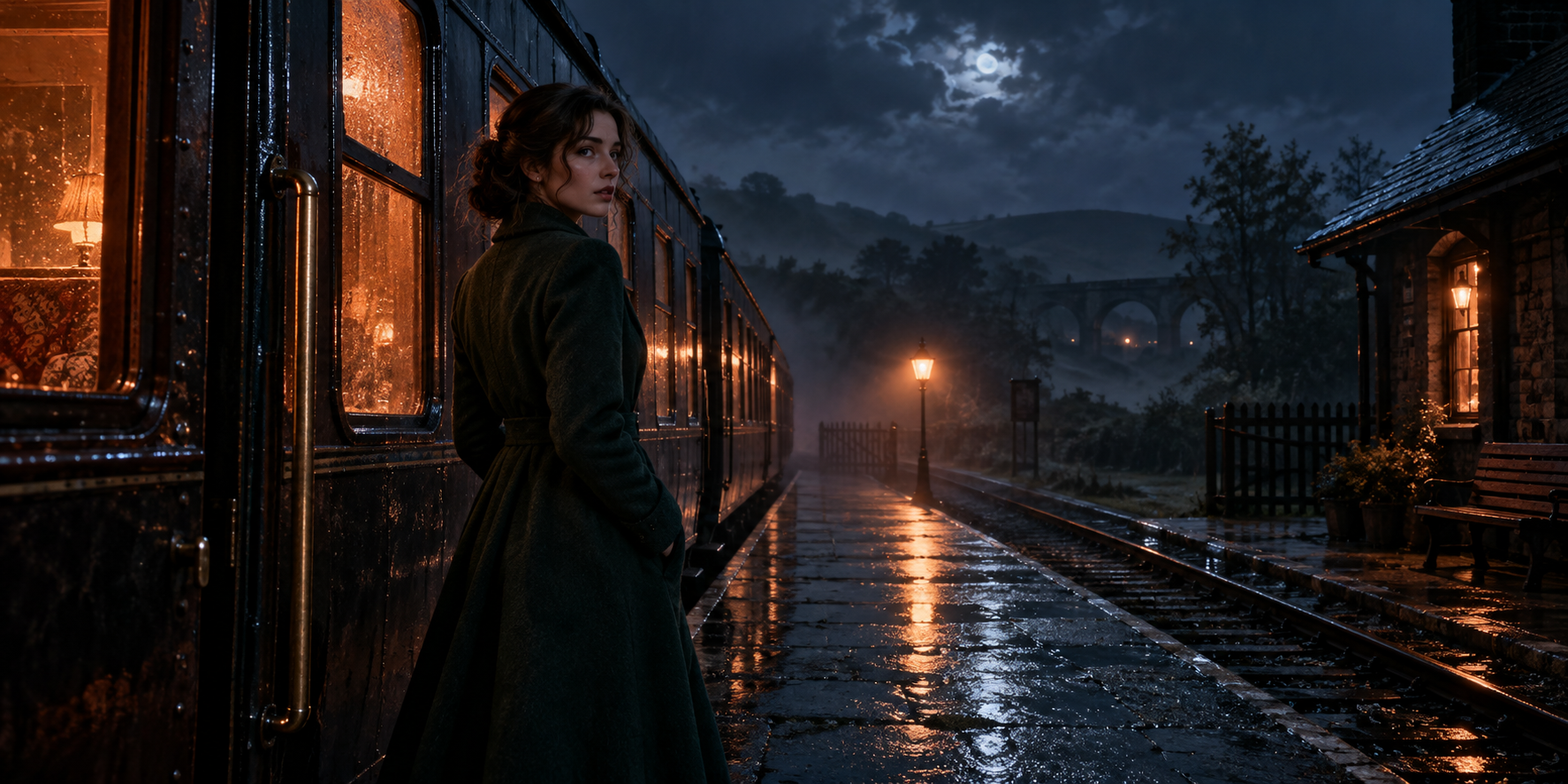 雨の夜、列車のそばに立つ女性。