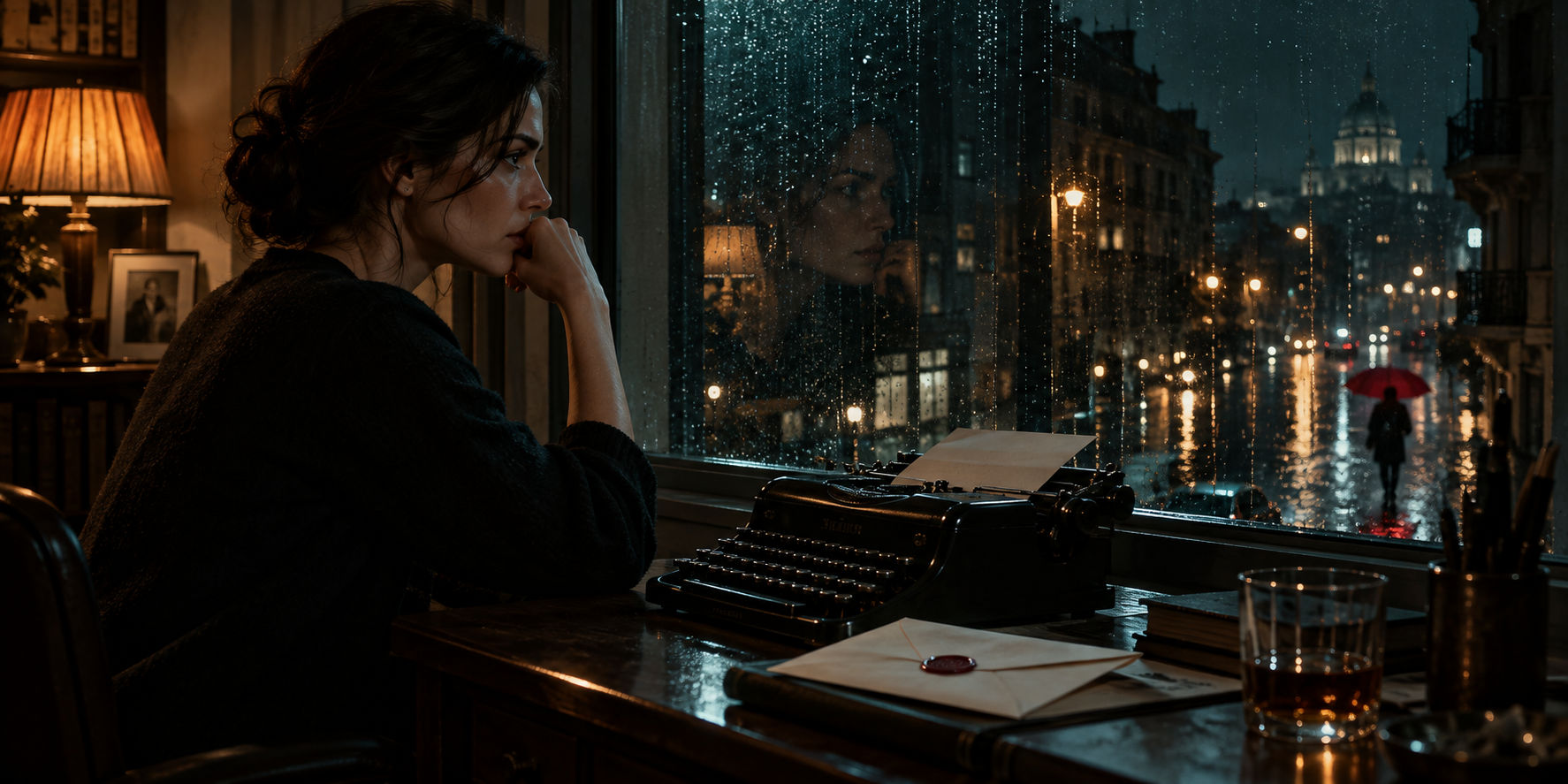 雨の窓辺、タイプライターと封書の前にいる女性。